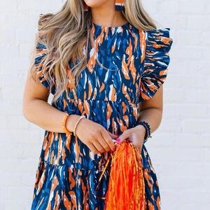 Women's Blue and Orange Ruffle Sleeve Mini Dress